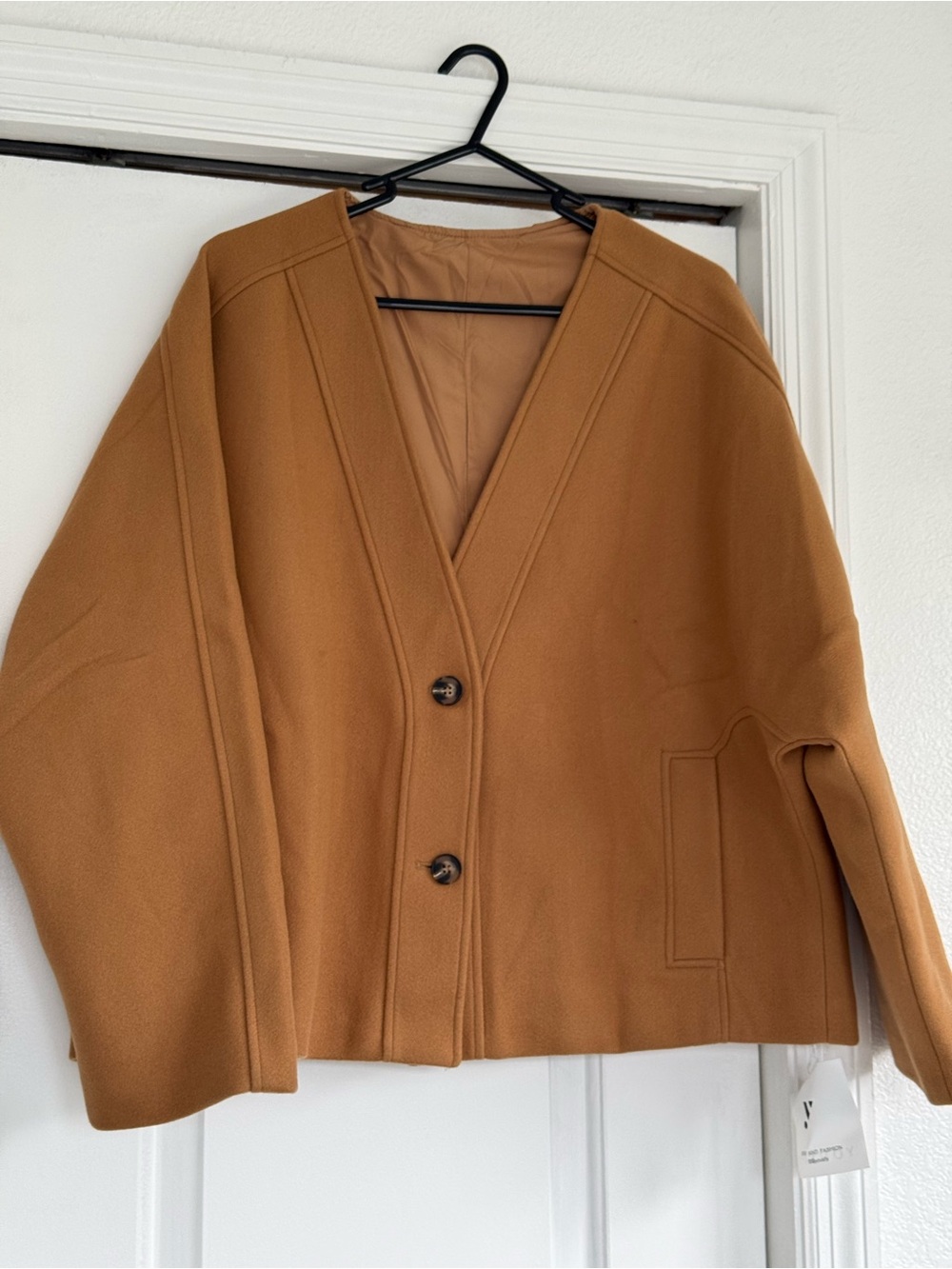 Womens Oversize Camel V-Neck Wool Blend Jacket